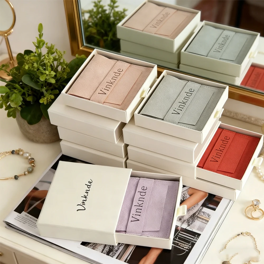 

24set Customized Logo 9x9x2.5cm Beige Gift Paper Cardboard Box Drawer Jewelry Packaging Boxes Necklace Earring Bracelet Ring Bag
