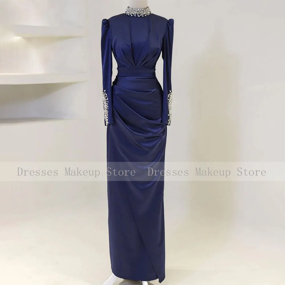 Modest Evening Dress Crystals High Collar Long Sleeves Column Evening Gowns for Women 2024 Navy Blue Satin Wedding Party Dresses