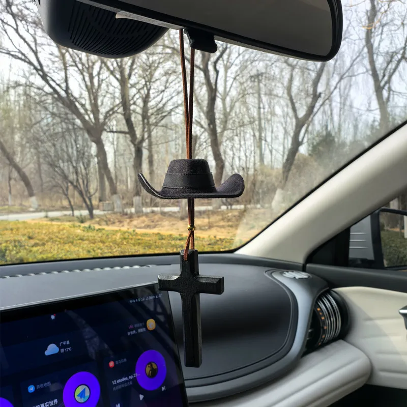 Car Rearview Mirror Hanging Ornament Tibetan Style Handmade Felt Cowboy Hat Wooden Cross Pendant Auto Interior Decoration Safety