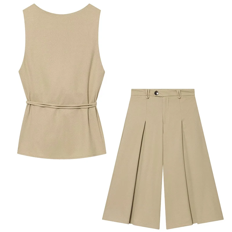 

Willshela Women Fashion 2 Piece Set Khaki Single Breasted Tank Tops & Vintage Straight Leg Pants Female Chic Lady Pants Suit
