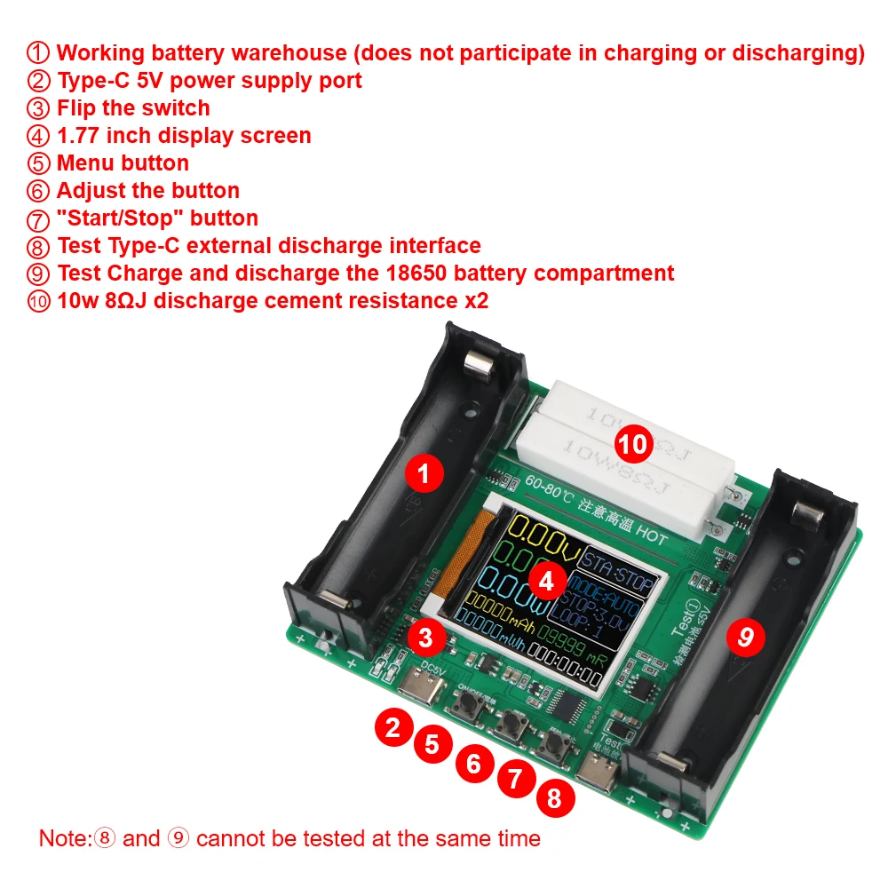 Dispositivo de carga y descarga, analizador electrónico de resistencia, probador de capacidad de batería de litio 18650, Adaptador tipo C de 5V