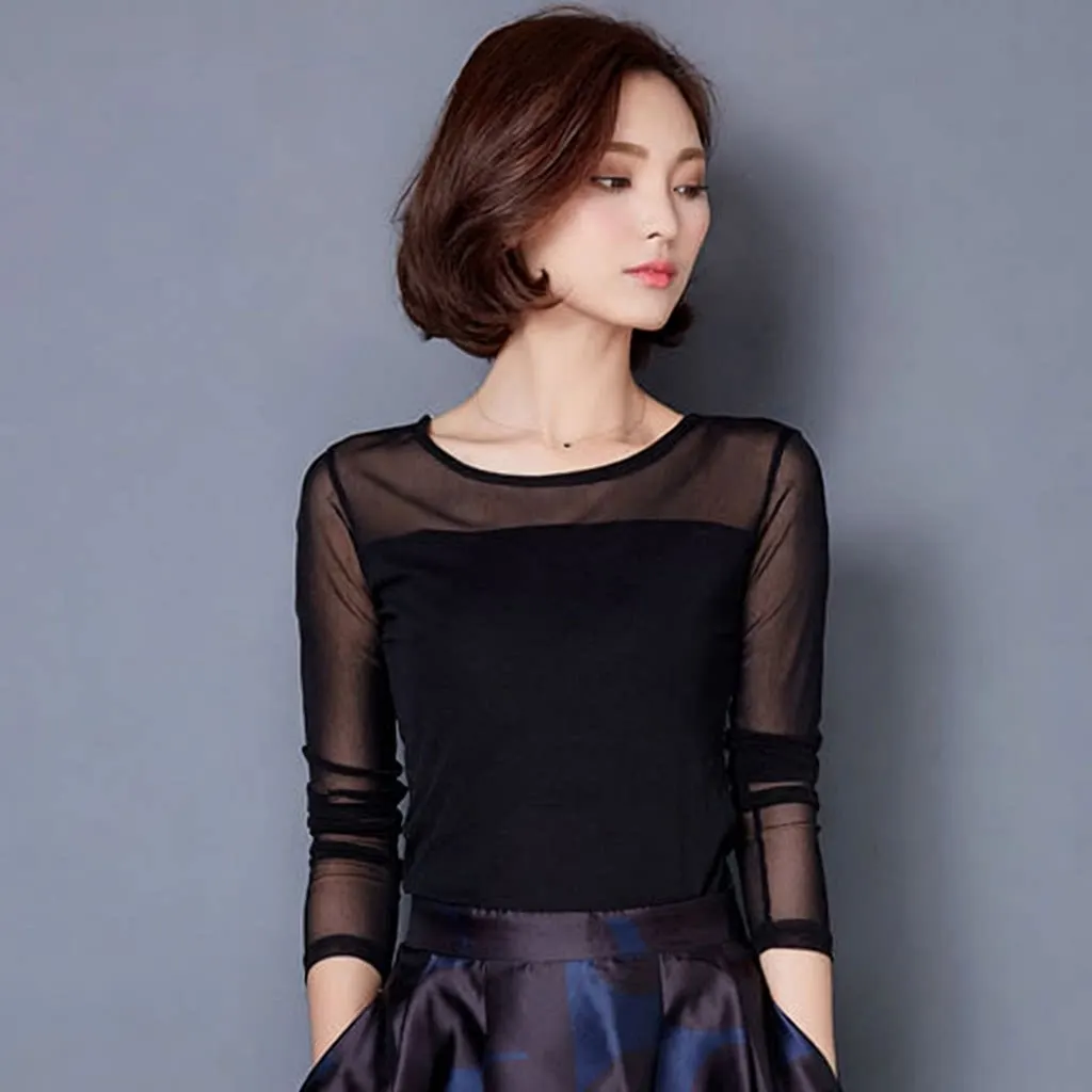 Spring Autumn Women's Lace Long Sleeve round Neck Base Shirt Netting under Shirt T-Shirt Versatile Outerwear Casual Style