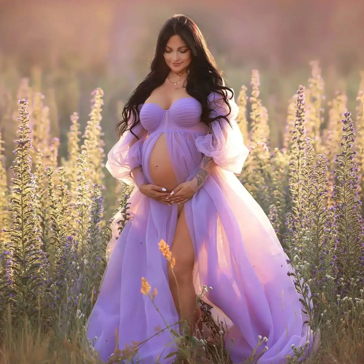 

Linda Lavender Maternity Dresses Simple Front Slit Gala Gowns for Pregnancy Off Shoulder Tulle Photography Props Customized