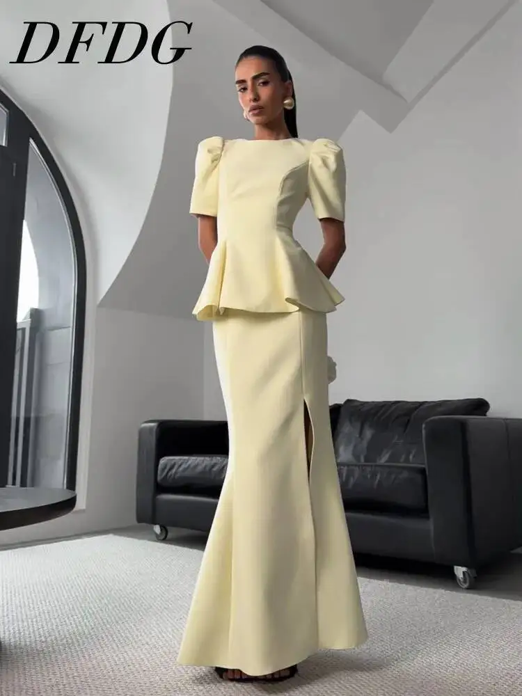 Conjunto Elegante de Dos Piezas para Mujer DFDG, Primavera-Verano 2026, Blusa con Mangas Abullonadas y Peplum, Falda Sirena con Cintura Alta y Abertura, para Eventos Formales y Nocturnos