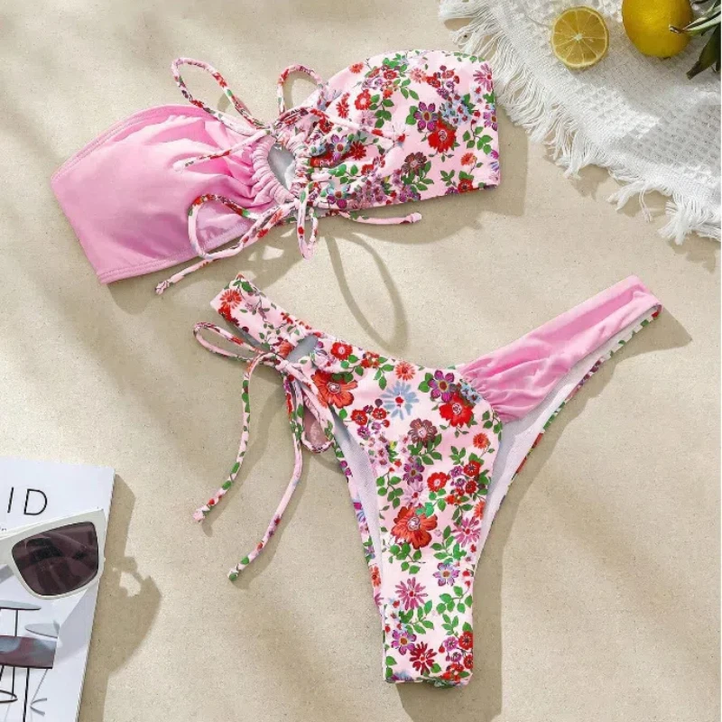 Bikini Bandeau con estampado Floral para mujer, traje de baño Sexy de dos piezas con Tanga, conjunto de Bikini con lazo, 2024