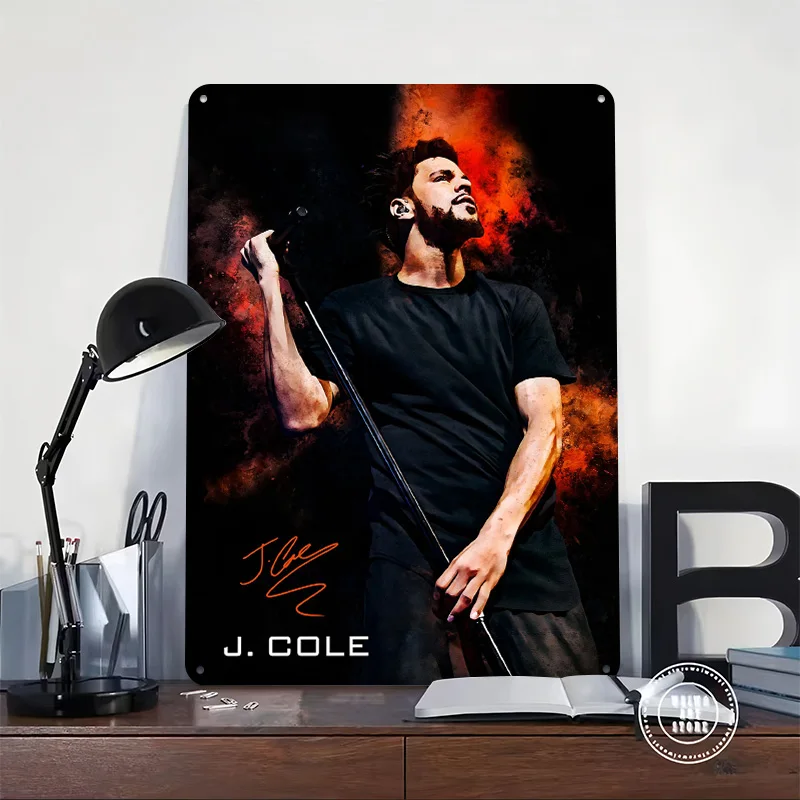 J. Cole Portrait With Signature Metal Poster Perfect Gift for Fans Lovers Customized Wall Art Metal Sign for Bedroom Decorations