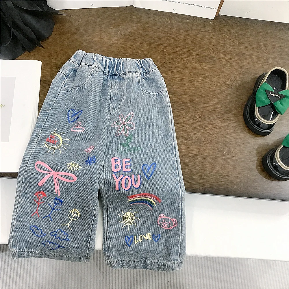 Spring Toddler Girl Denim Pant Cotton Contrast Graffiti Infant Baby Girl Jeans Loose Rabbit Rmbroidery Little Girl Straight Pant