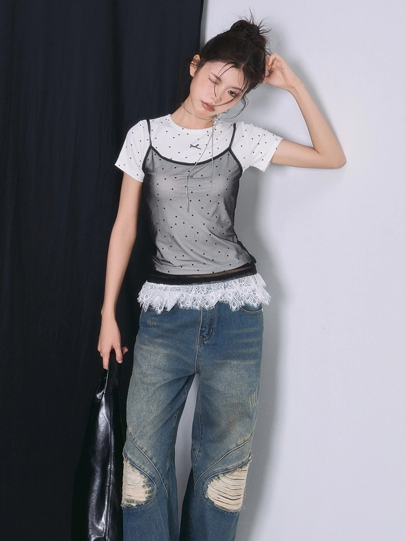 

TARKUS Bla Metal Me Vest Lightweight Transparent Thin Lace Overlap View Sensation Strapl Tank Top Commute Sle Pure C...