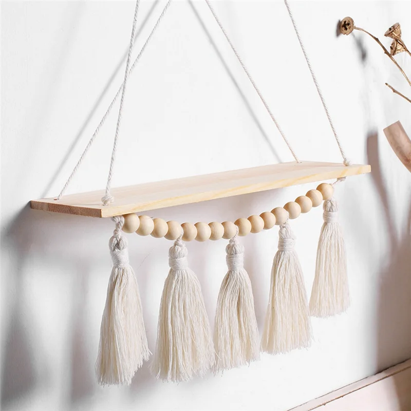 

ALIM-Wall Hanging Shelf Tassel Wood Decor Woven Wall Hanging Board Shelves For Home Decor Bedroom Living Room