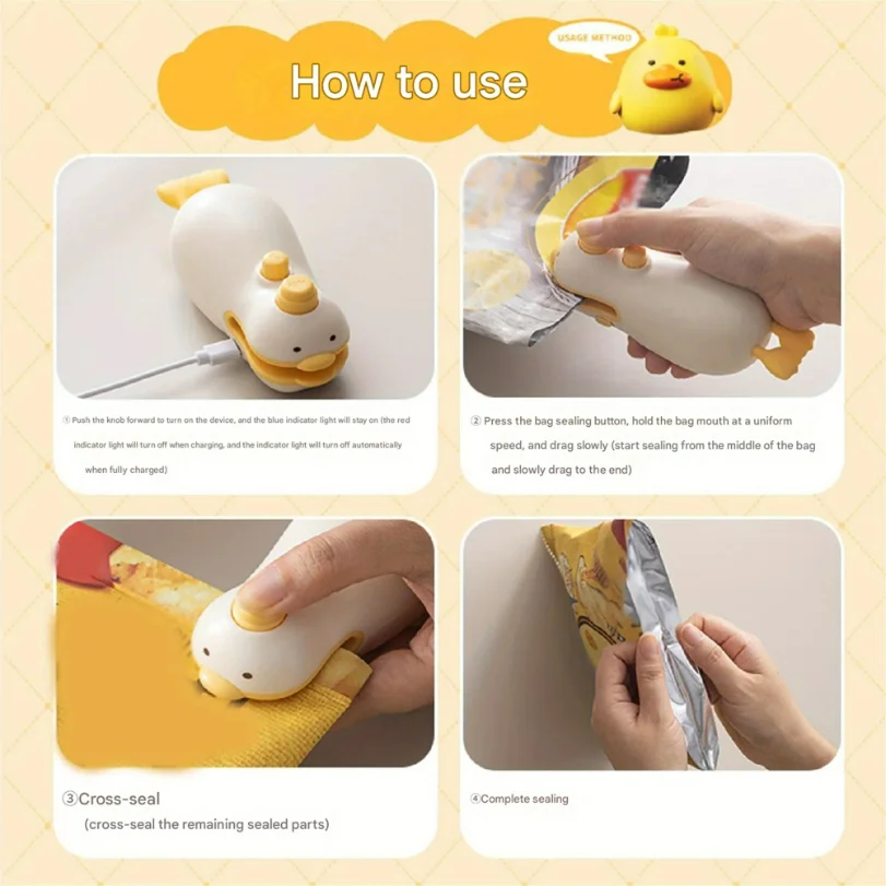 

Cute Duck Vacuum Rechargeable Bag Sealer for Freshness Portable Easy Use Kitchen Gadget 2 in 1 Mini