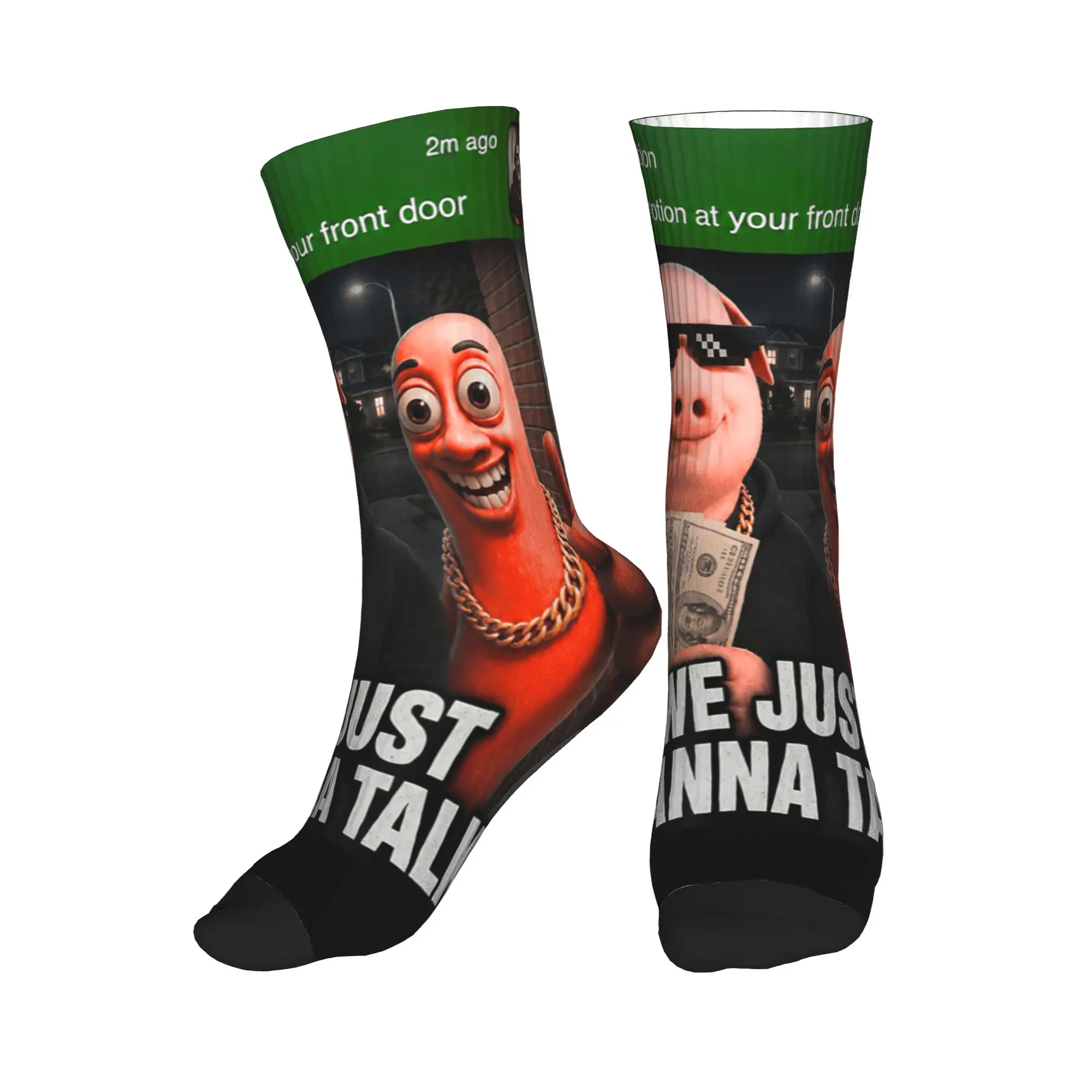 John Pork We Just Wanna Talk Funny Meme Socks  Fashion Stockings Adults Men Quality Cycling Socks Spring Graphic Non Slip Socks
