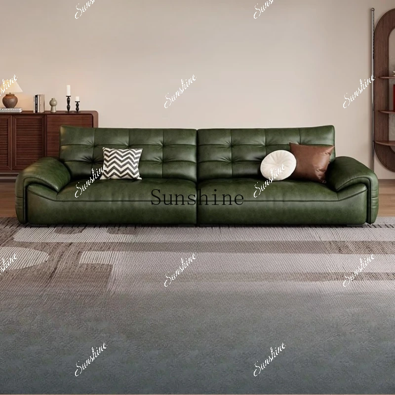 Medieval style living room oil wax first layer cowhide small apartment straight row wide seat deep sofa  FT