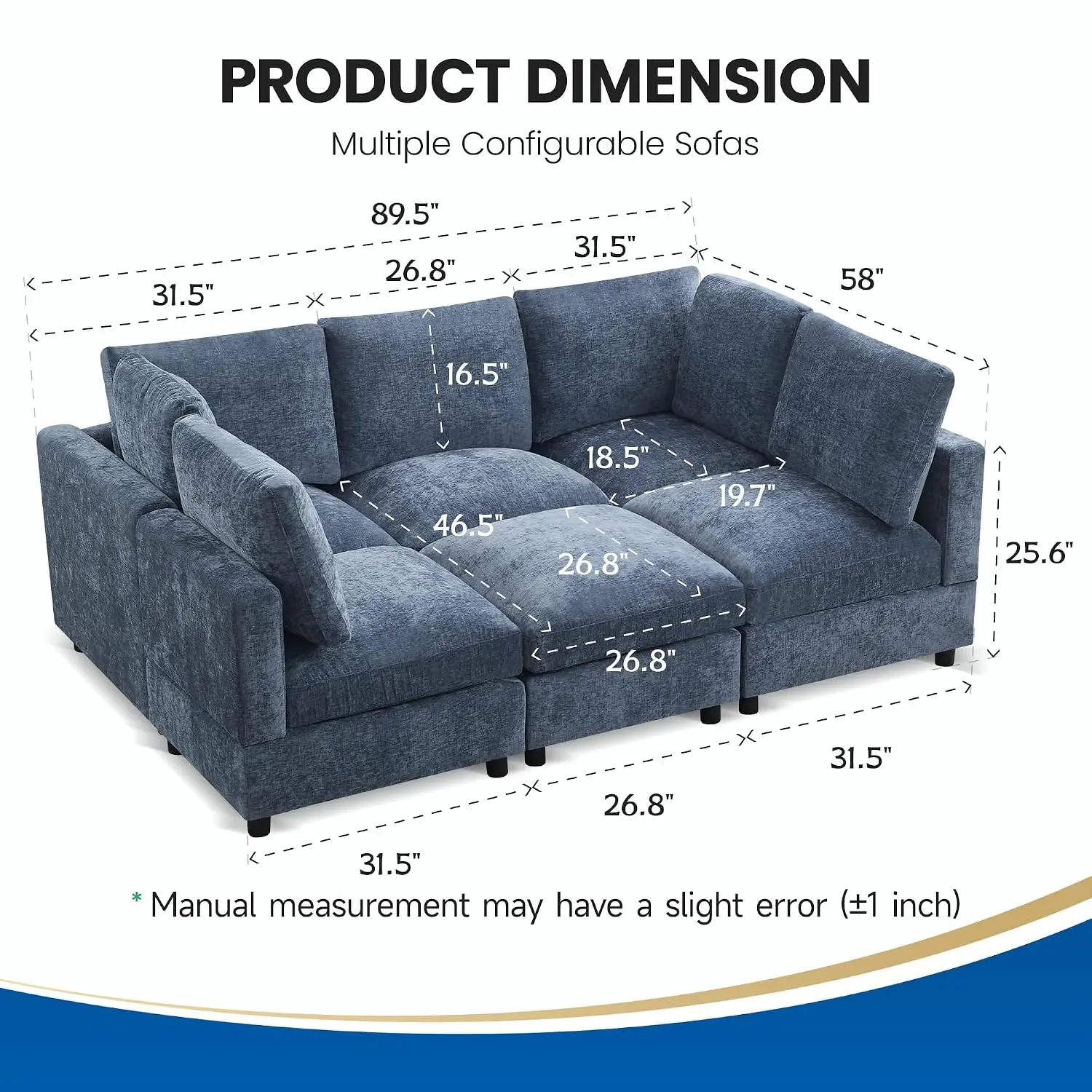 Modular Sectional Sofa, Chenille Sleeper Sofa Bed With Ottoman, Deep Seat Thick Cushions For Living Room, Customized