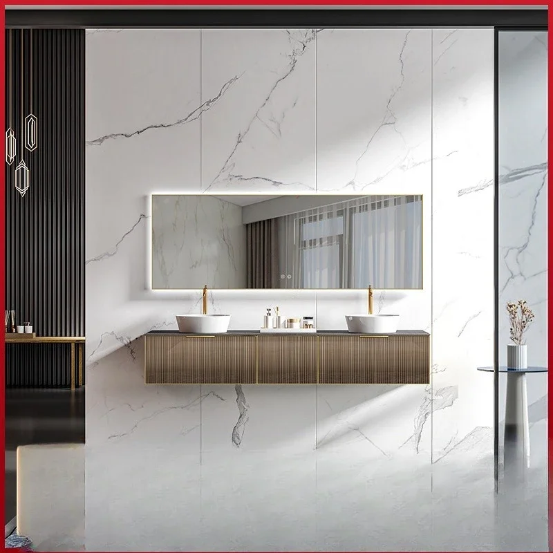 newLight luxury Changhong glass bright khaki multi-layer solid wood bathroom cabinet wash basin table basin large round mirror w