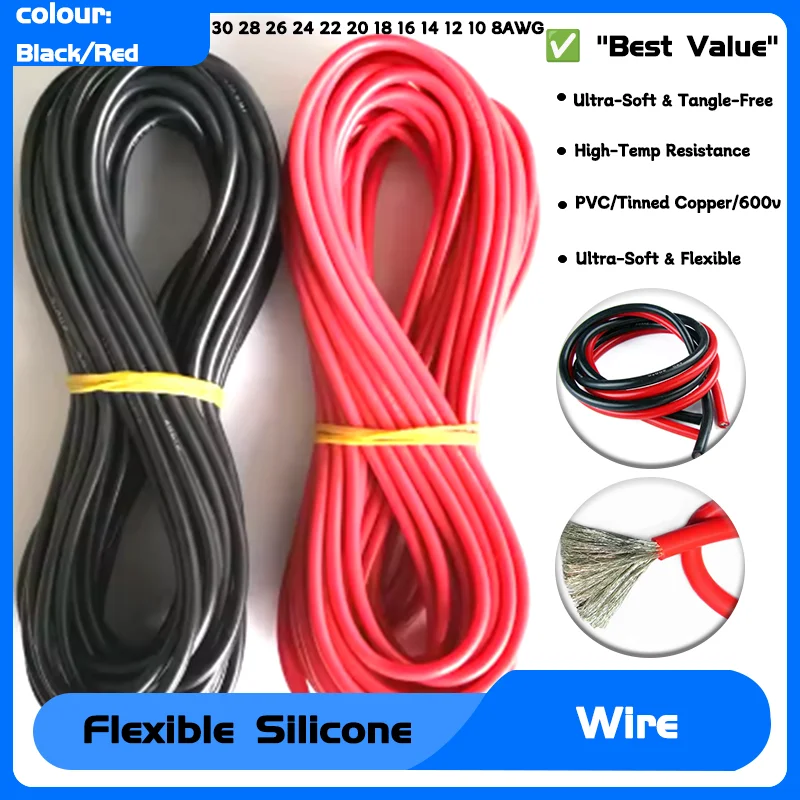 

30 28 26 24 22 20 18 16 14 12 10 8AWG Ultra Soft Silicone Wire Black/Red Solar Panel Car Battery Flexible Electric Cable 1/5/10M