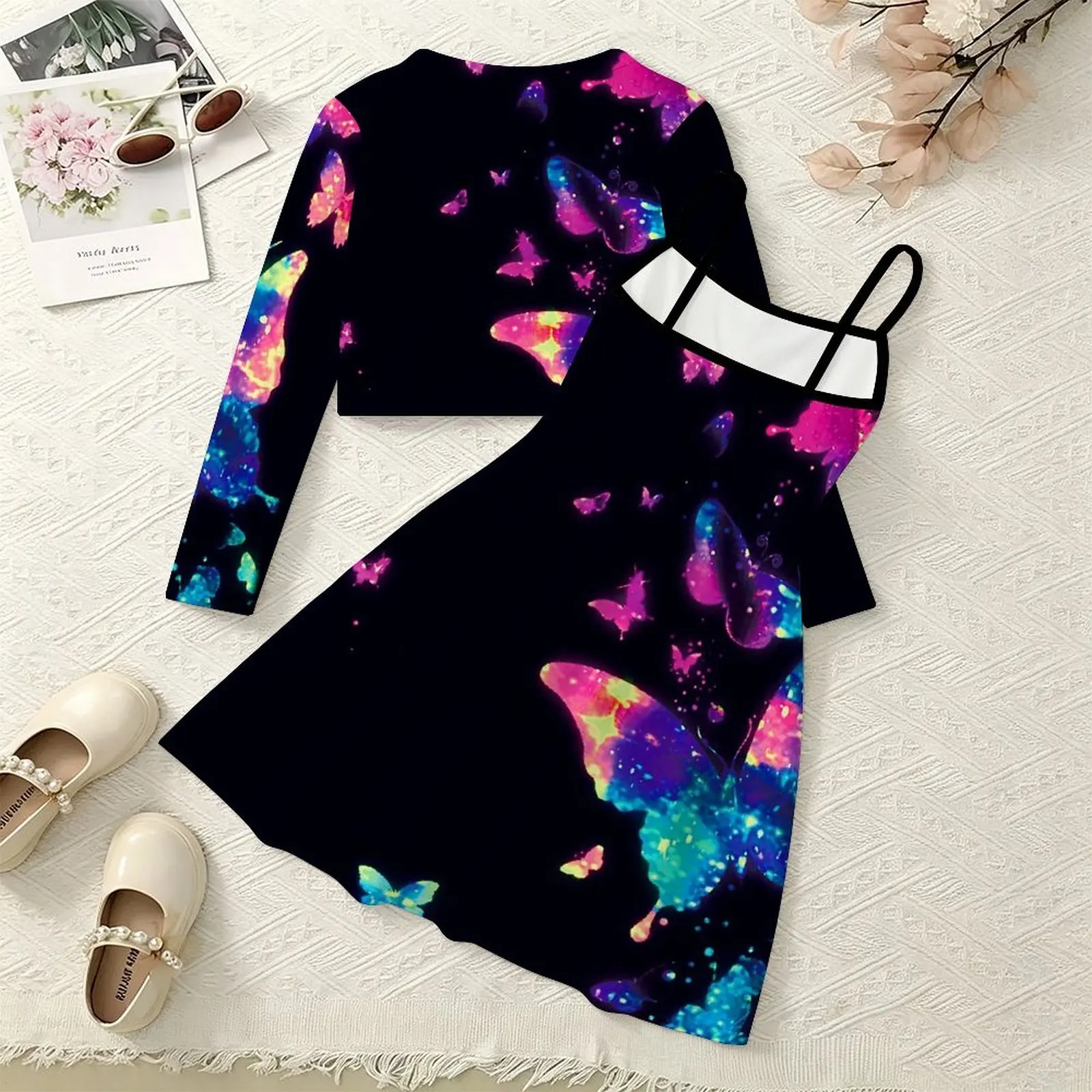 Retro Print Girls Two Piece Outfit, Long Sleeve Cardigan + Spaghetti Strap Dress, Sweet Adorable Kids Set,  for Beach Vacation