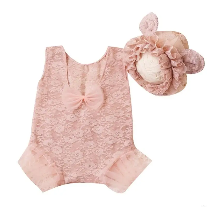 J2FF Newborn Photo Props Bonnet Lace Jumpsuit Posing Clothes Baby Photography Suit Backless Princess Romper Infant Costume