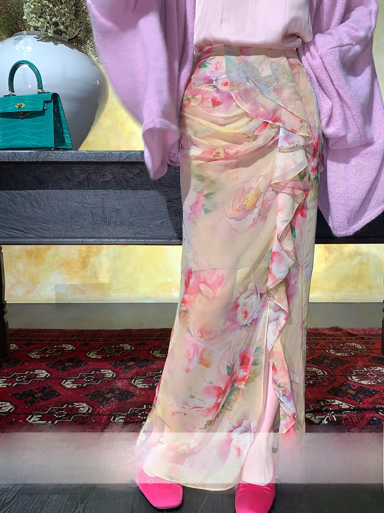 

New Chinese Sle Silk Water-Mark Print f Skirt with Pleats for Women Musoom MOSS STUDIO Skin-Friendly Breathable