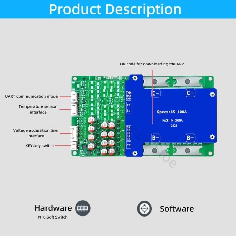 96BA Kleinformatiges LiFePO4-Batteriemanagementboard 142 x 82 mm für 4S 12V-Pack-Builds, 100A-Zellenmanagement mit aktiver – Detail 4