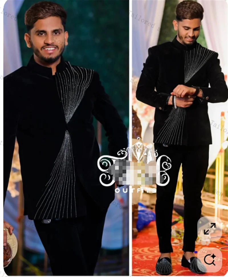 

Black Velvet Men Suits Set 2 Pieces Blazer+Cotton Pants Trousers Beaded Autumn Wedding Tuxedos Jacket Formal Office Prom Coat
