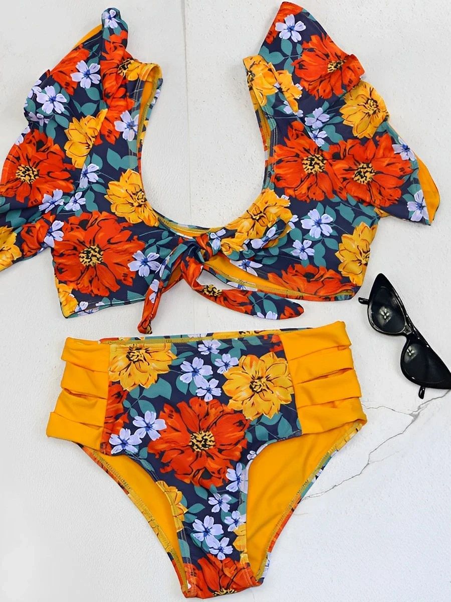 

High Waist Bikini 2024 Women Ruffle Swimsuit Floral Swimwear Female Padded Bathers Bathing Swim Suit Swimming Beachwear Summer