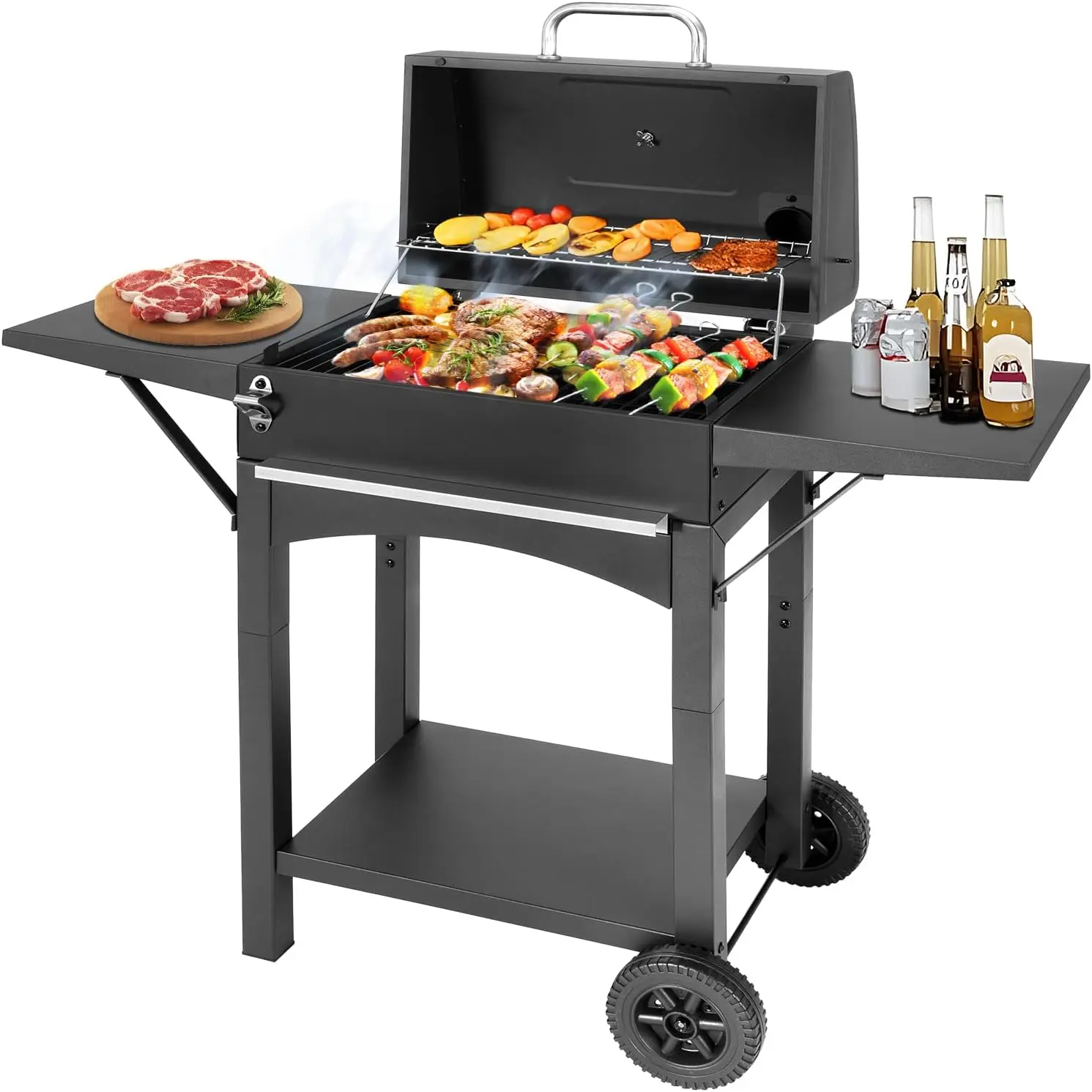 Outdoor Backyard Camping Picnic Beach Charcoal Grill with 2 Side Tables, 343 Sq.in. Cooking Area