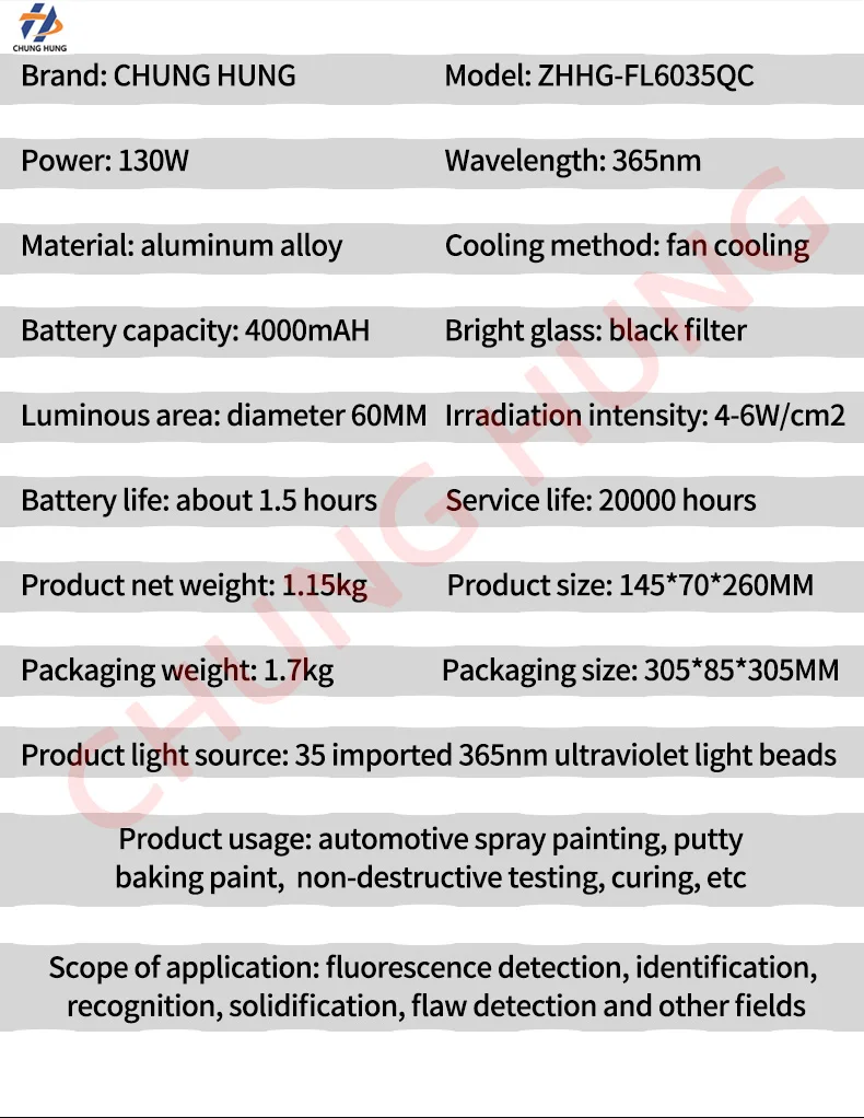 80W 130W 200W High-Intensity UV Flashlight 365nm Car Paint Inspection Lamp Accurate Detection of Surface Defects And Putty Spray
