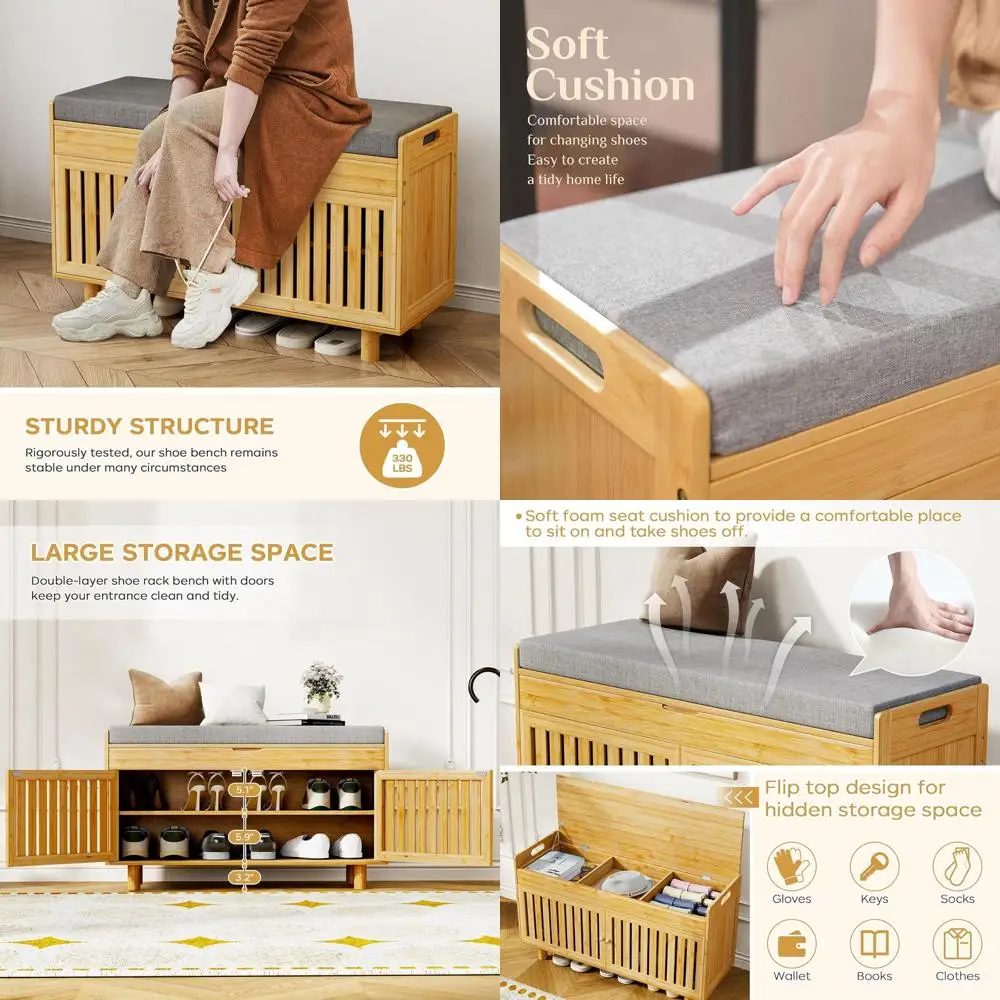 

Bamboo Shoe Storage Bench with Cushioned Seat, 2-Door Entryway Rack, 35.4x12.6x19.7, Natural