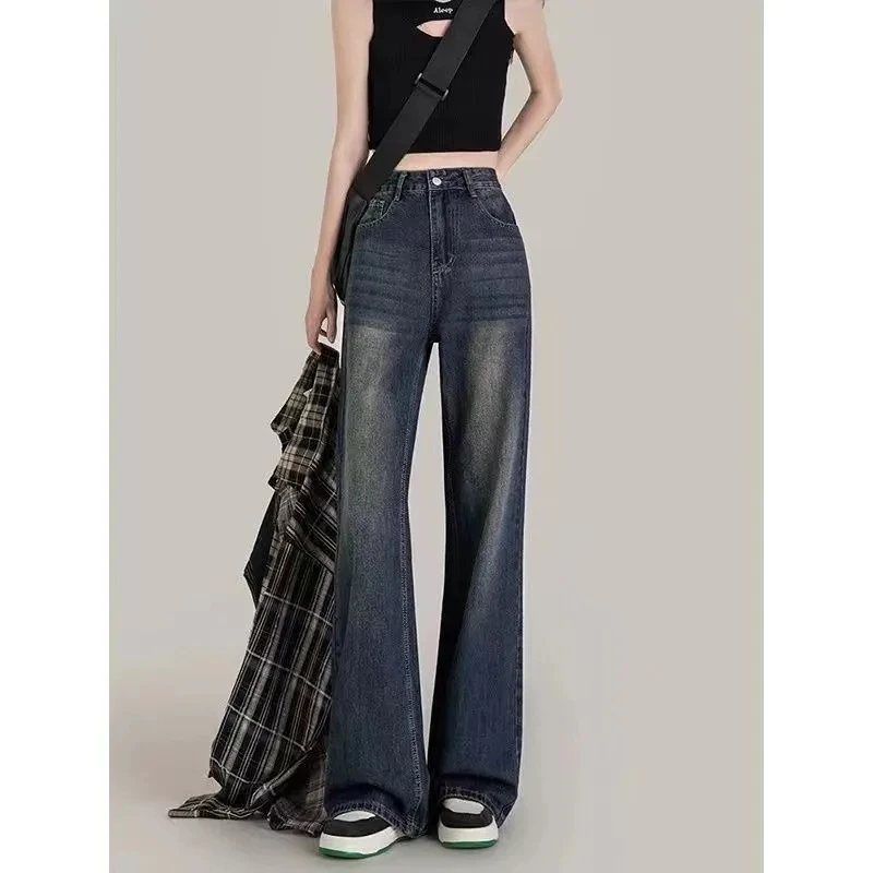 Harajuku mulheres streetwear vintage americano baggy carga jeans de cintura alta reta perna larga calรงas jeans azul