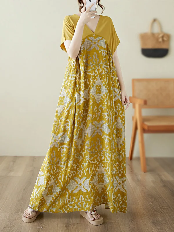 Yellow Flower Loose plus Size Women's Dr V-Ne ort Sve Long Dr Belly Covering Slimming Effect Casual Commute Sle