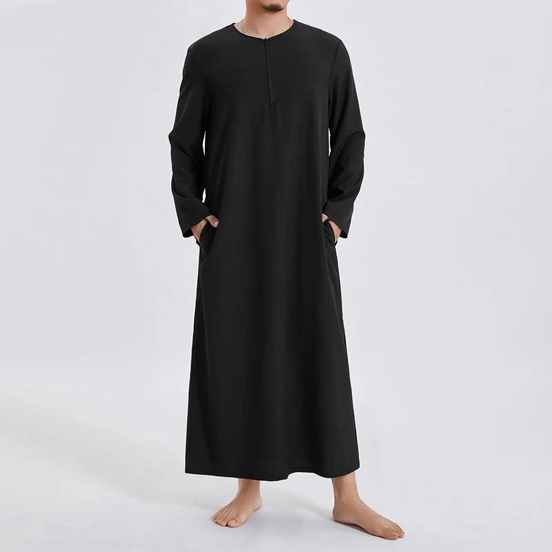 Caftán árabe Thobe suelto para hombre, camisón de manga larga, Color sólido, ropa de dormir de Oriente Medio