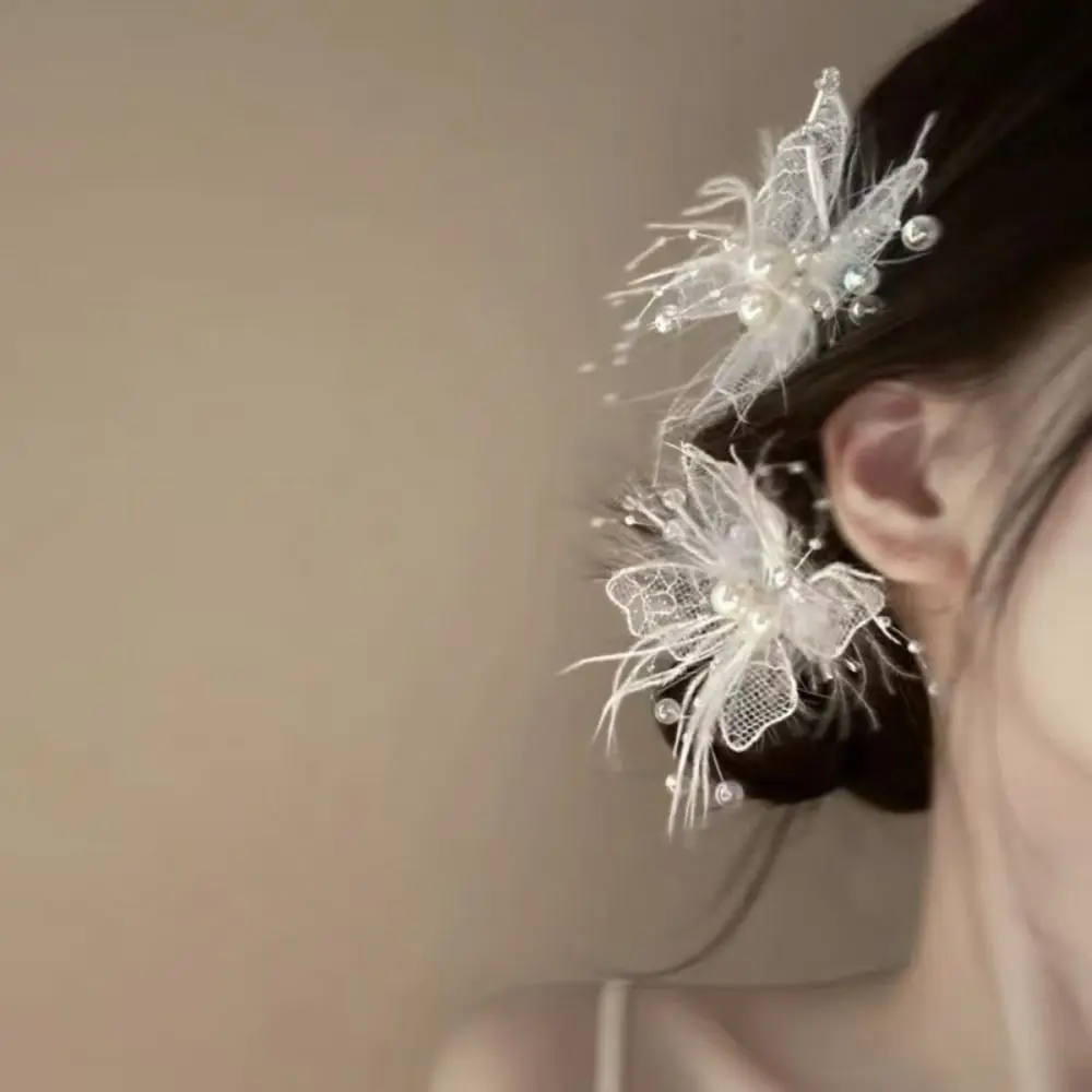 New Lace Butterfly Hair Clip Side Clip Styling Headwear Duckbill Clip Hair Accessories Pearl Feather Hairpin Women