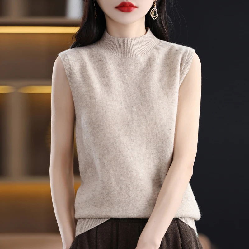 100% Merino Wool T-shirt Women\'s Half High Neck Knitting Vest Slim Fashion Line Ready To Wear Vest Shoulder Spring and Autumn