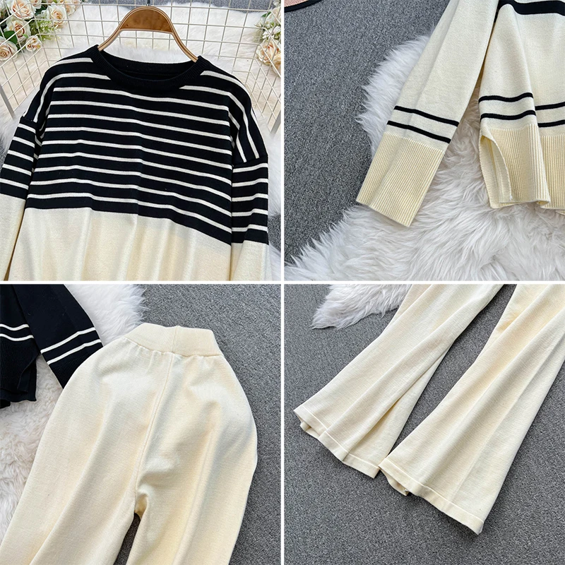 Casual Women Fall Two-piece Set Long Sleeved O-neck Striped Knit Tops and High Waist Solid Wide Leg Pants Simple Suit Winter Y2K