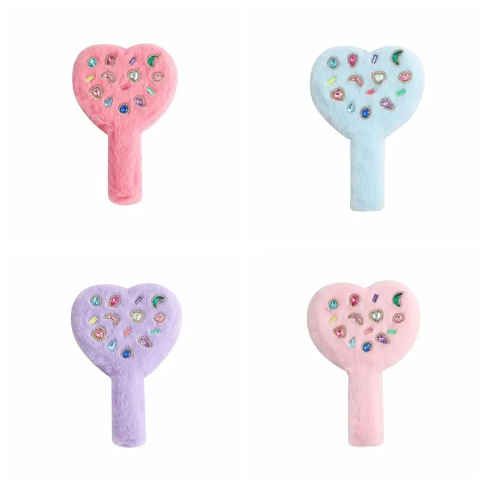 Portable Love Hand Mirror Korean Plush Handle Compact Handheld Mirror Cute Heart-shaped Makeup Tool Women