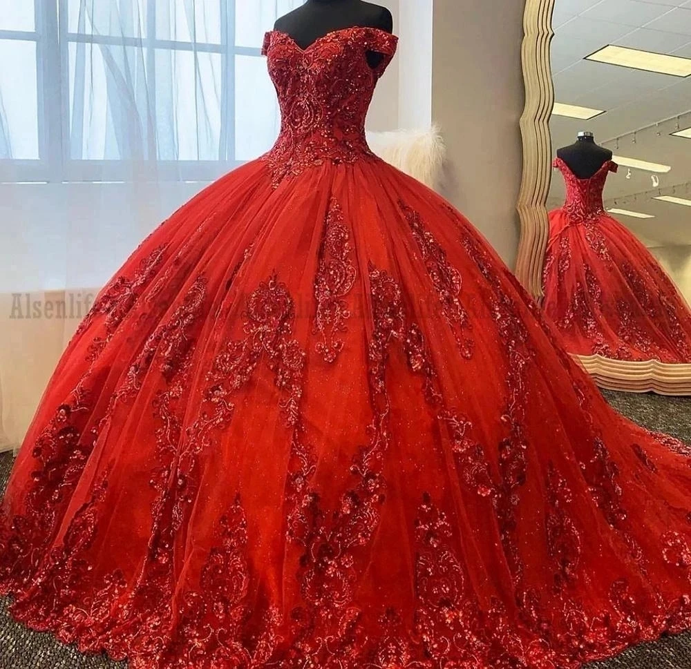 ANGELSBRIDEP-vestido De baile rojo para quinceañera, traje con capa brillante, apliques De lentejuelas, vestido Formal para fiesta De cumpleaños, 15 años