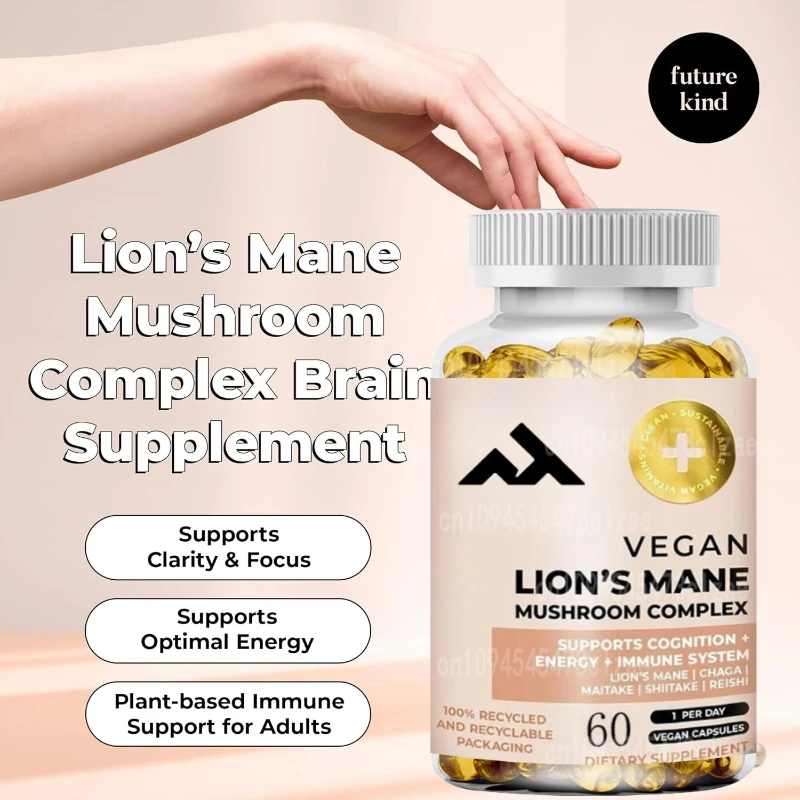 

Vegan Lion’s Mane Mushroom Complex - Supplement with Chaga, Maitake, Shiitake, & Reishi, Supports Memory and Focus (60ct)