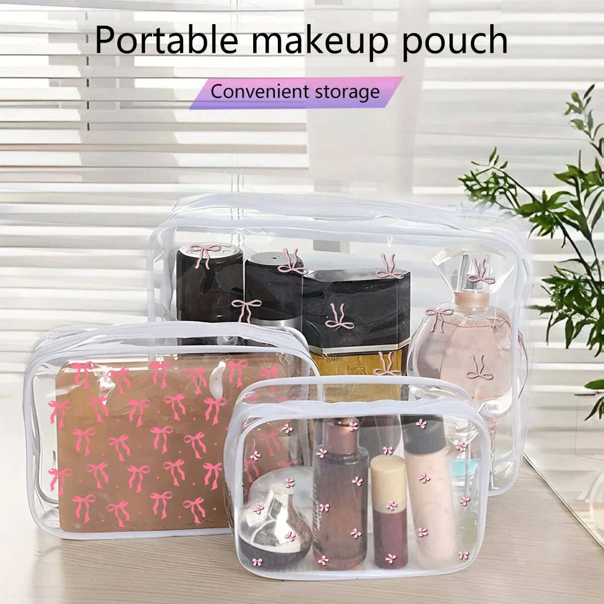 

Waterproof Transparent Toiletry Bag Cute Bowknot Zipper Makeup Pouch Portable Bathroom Clear Wash Toiletry Bags Men Women