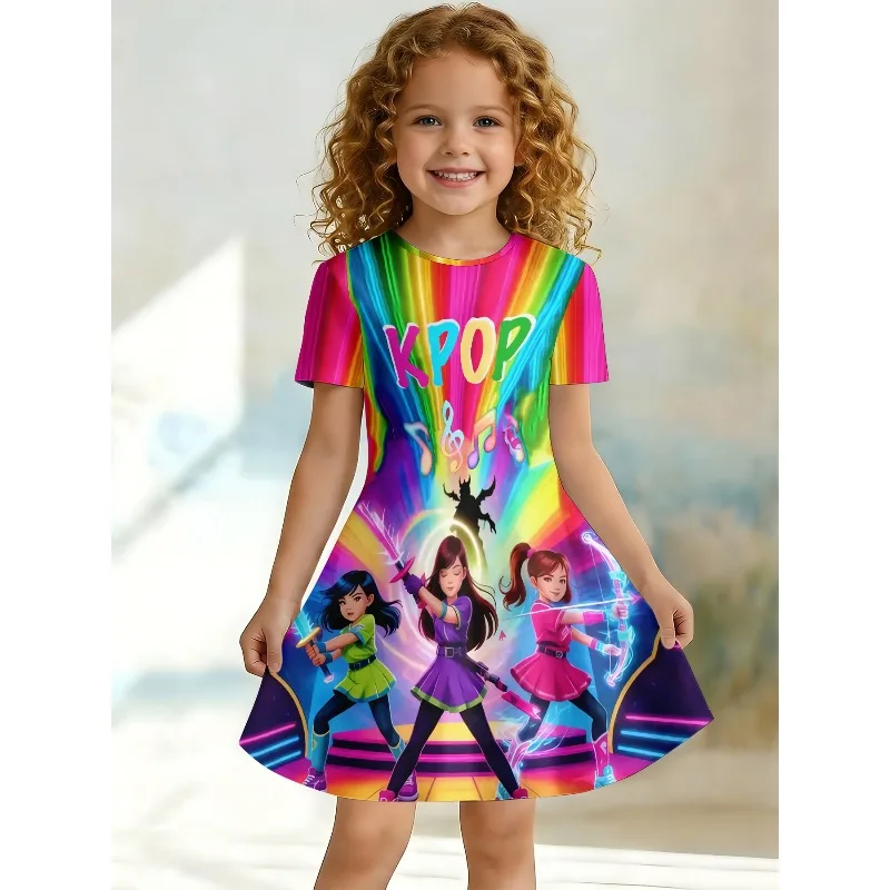 Girls Rainbow K‑POP Anime Warrior Girls Print T‑shirt Dress, Colorful Stage Casual Dress for Kids Party Cosplay