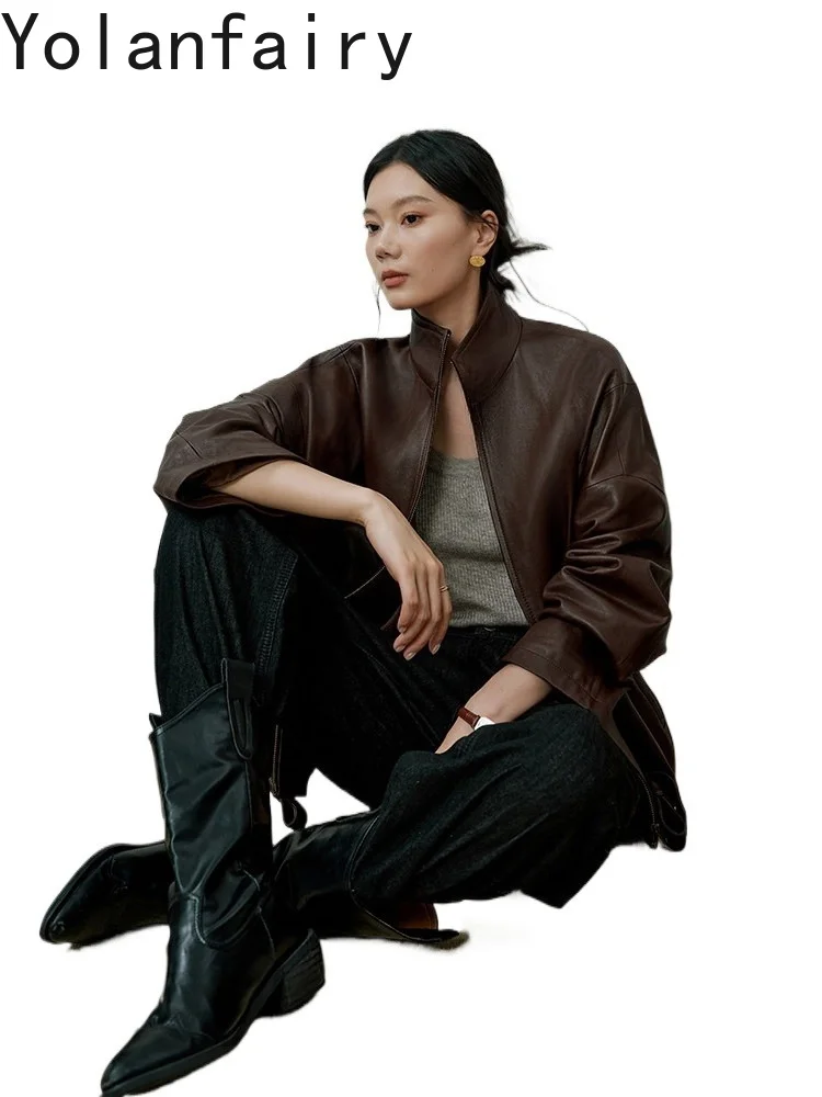 YOLANFAIRY Genuine Leather Jacket Women High Quality 100% Top Layer Sheepskin Real Leather Coat Woman Vintage Short Clothes
