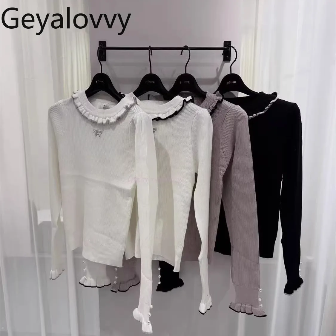 Estilo japonês puro original bonito cor-bloco babados gola pétala pulôver com arco bordado camisa base de malha com nervuras