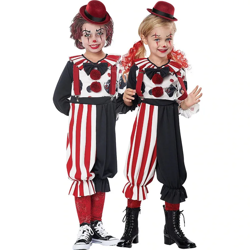 Clown Cosplay Horrifying Joker Red Strip Jumpsuit Hat for Girl Boy Halloween Kids Costumse Carnival Stage Fancy Clothing