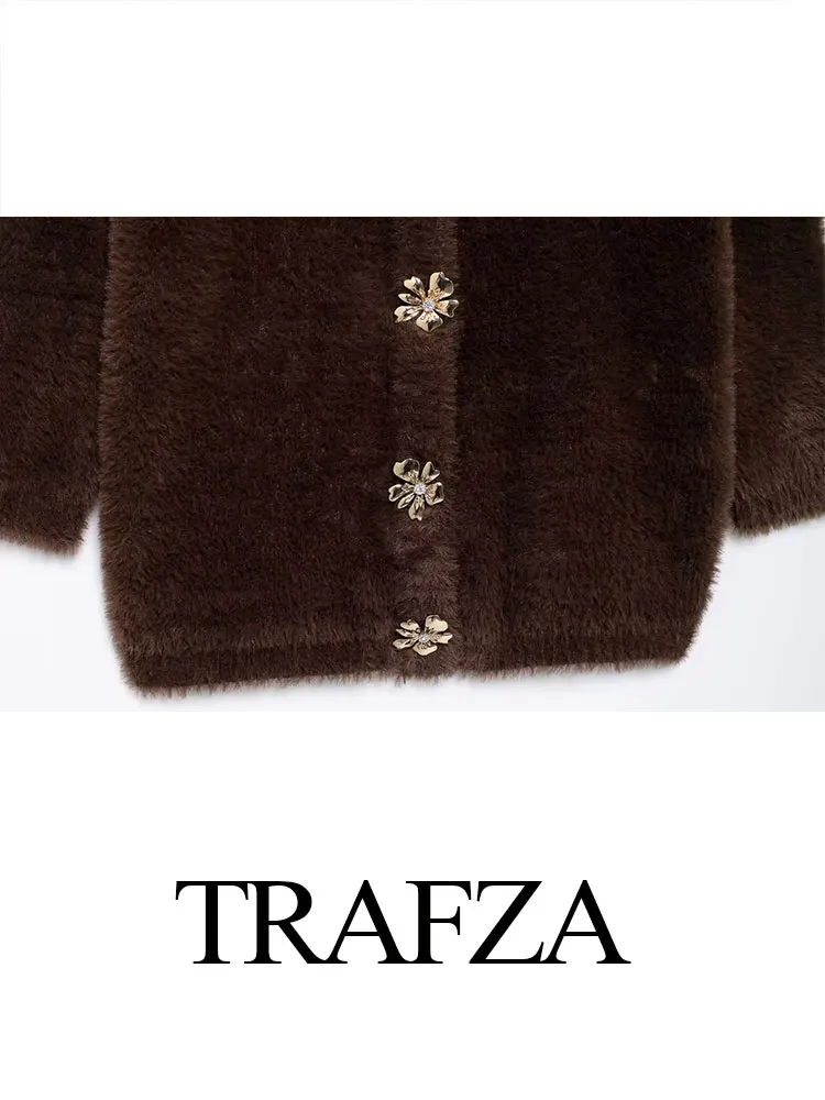 TRAFZA 2024 Herfst Faux Fur Effect Vest Voor Vrouwen Driekwart Mouwen Slanke Trui Tops Vrouw Elegante Vrouwelijke Jas Top