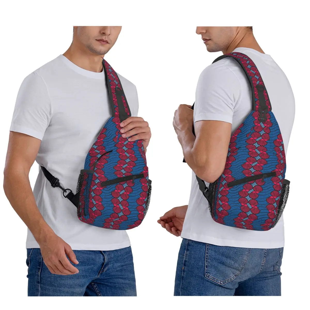 Kizomba Samakaka Ankara African Pattern Wax Chest Bag Men Sling Crossbody Backpack Chest Bag Traveling Daypack Shoulder Bag
