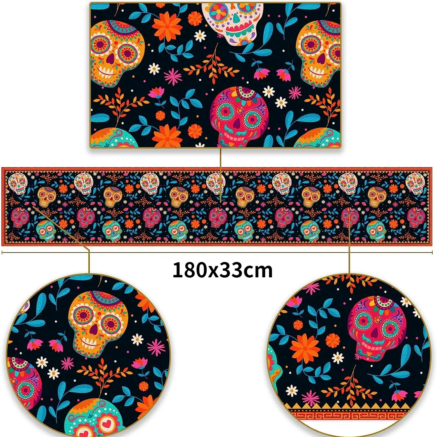 Mexico Day of The Dead Linen Table Runners Party Decor Dia De Los Muertos Sugar Skull Table Runners Kitchen Dining Table Decor