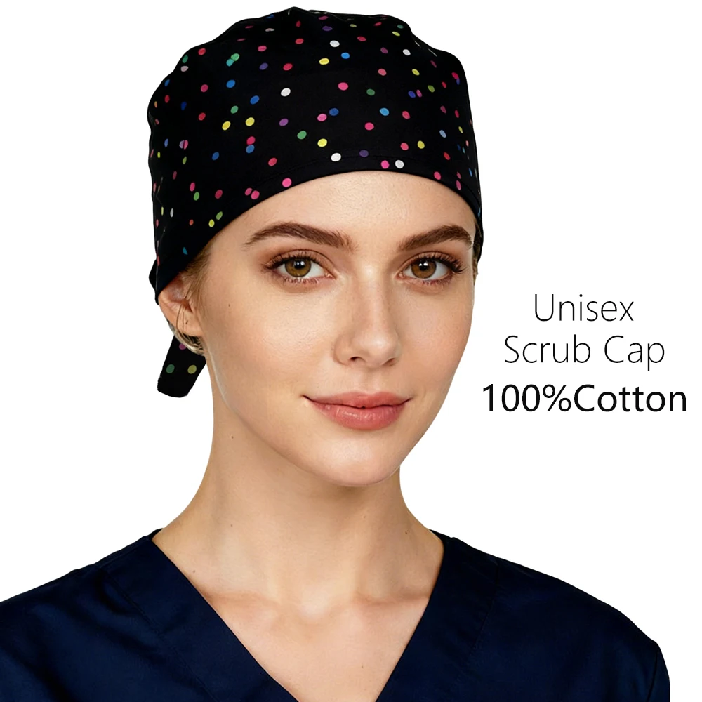 Colorful Printed Black Scrub Cap Medical Operating Room Hat Unisex Women Men Surgical Hat Comfortable Headwear