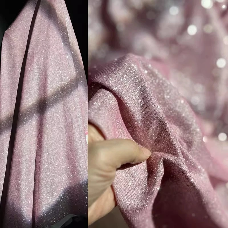 Tessuto di design per abiti da sposa da palcoscenico per cucire in tessuto lavorato a maglia con cielo stellato in polvere d'argento scintillante rosa
