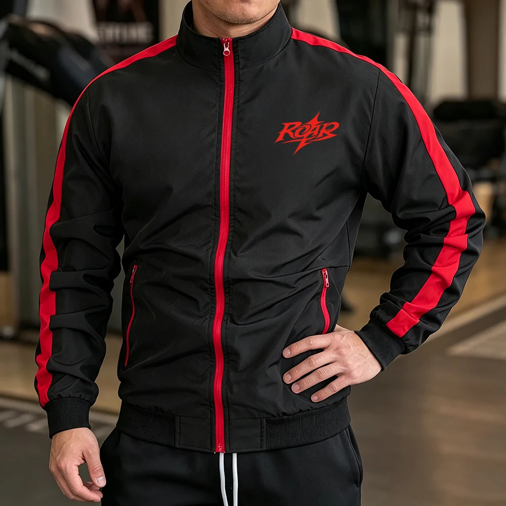 Mens Workout Stand Collar Track Jacket ROAR Text Print Red Side Striped Full Zip Up Coat Casual Daily Gym Running Sport Tops
