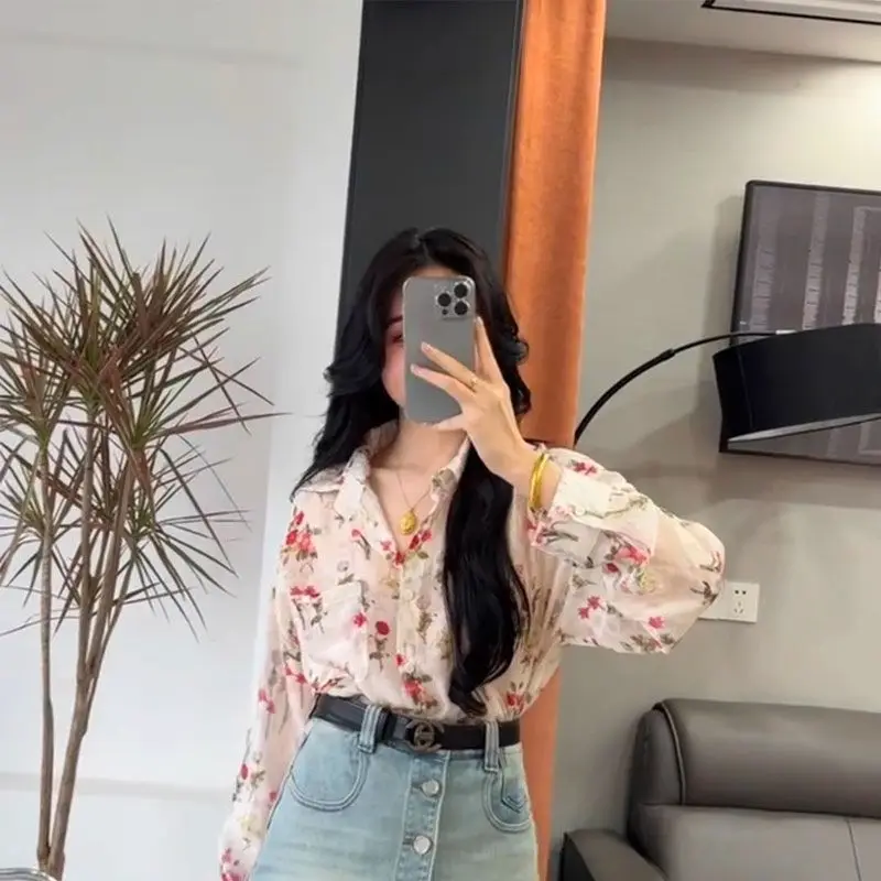 Women Clothing Vintage Floral Thin Blouse Spring Summer New Long Sleeve Polo Neck Loose Print Fashion Shirt Tops Elegant Casual