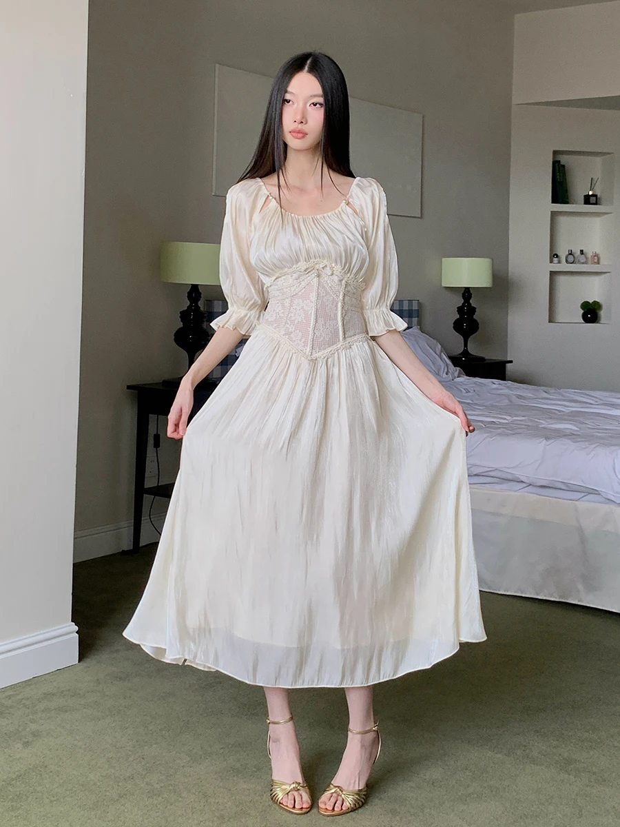 ReddaChic-vestido Medieval Retro de satén con Control de barriga para mujer, vestido largo con faja de encaje recortada y manga abombada brillante, ropa de verano de hadas